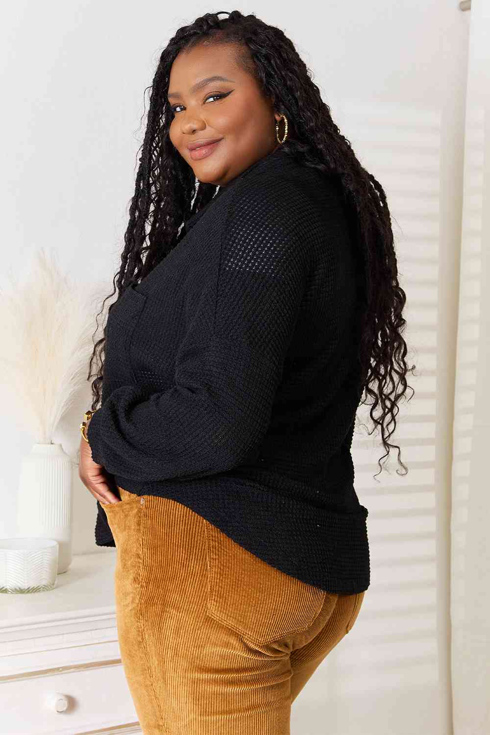 Double Take Waffle-Knit Collared Neck Dropped Shoulder Shirt - Dixie Hike & Style
