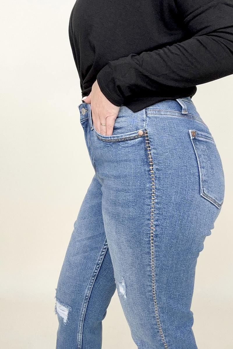 Judy Blue Embroidered Boyfriend Jeans with Side Seam Stitch - Dixie Hike & Style