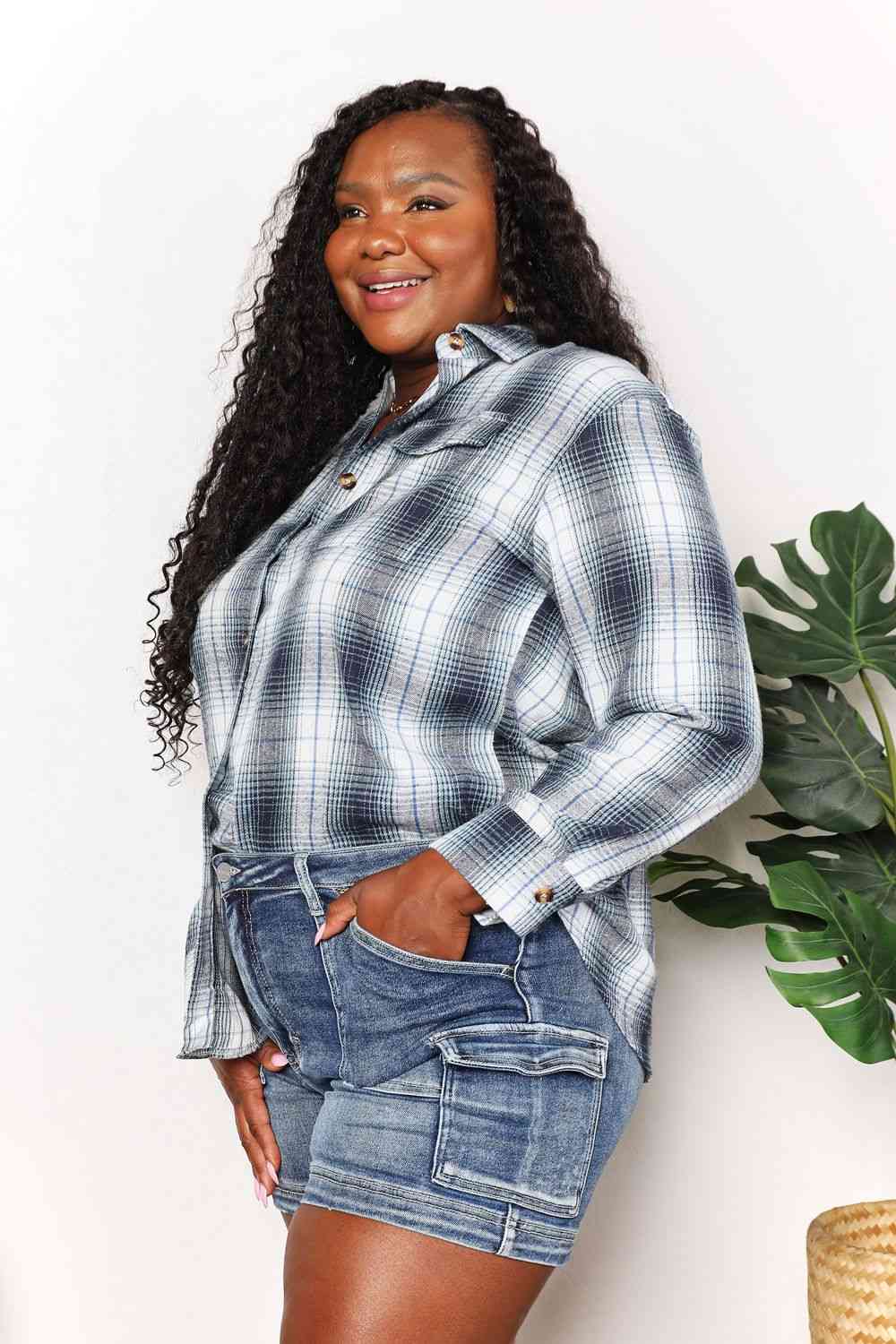 Double Take Plaid Dropped Shoulder Shirt - Dixie Hike & Style
