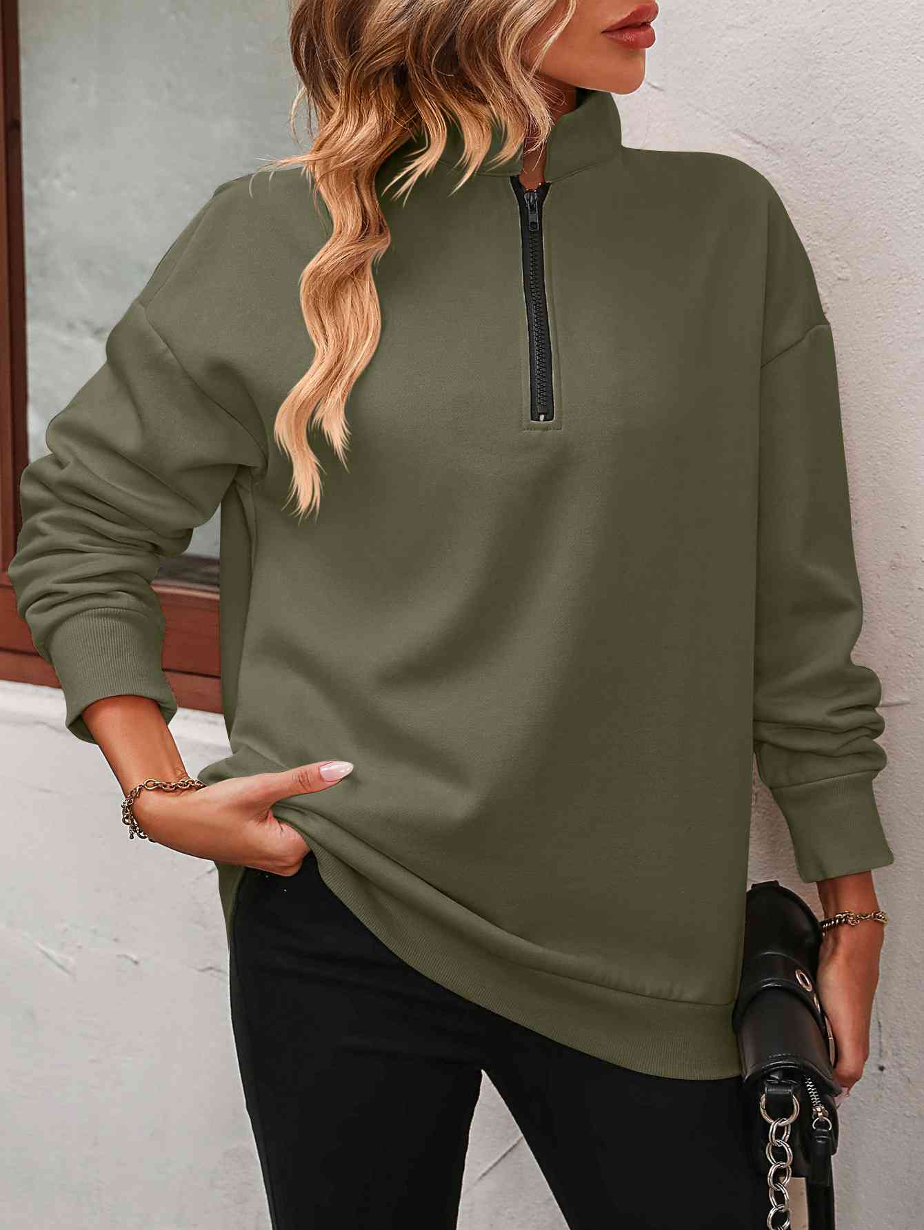 Zip-Up Dropped Shoulder Sweatshirt - Dixie Hike & Style