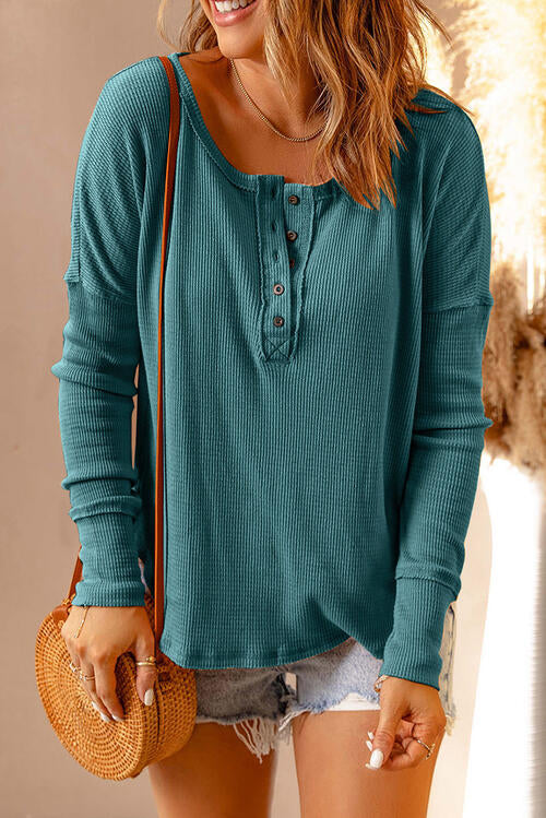 Waffle Knit Henley Long Sleeve Top - Dixie Hike & Style