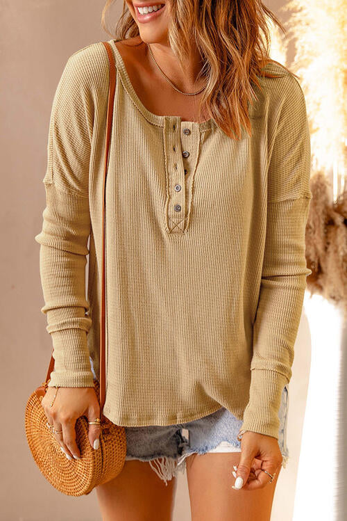 Waffle Knit Henley Long Sleeve Top - Dixie Hike & Style