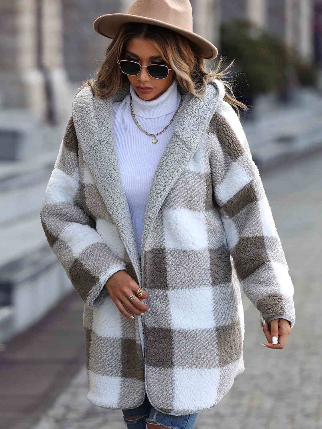 Plaid Open Front Hooded Coat - Dixie Hike & Style
