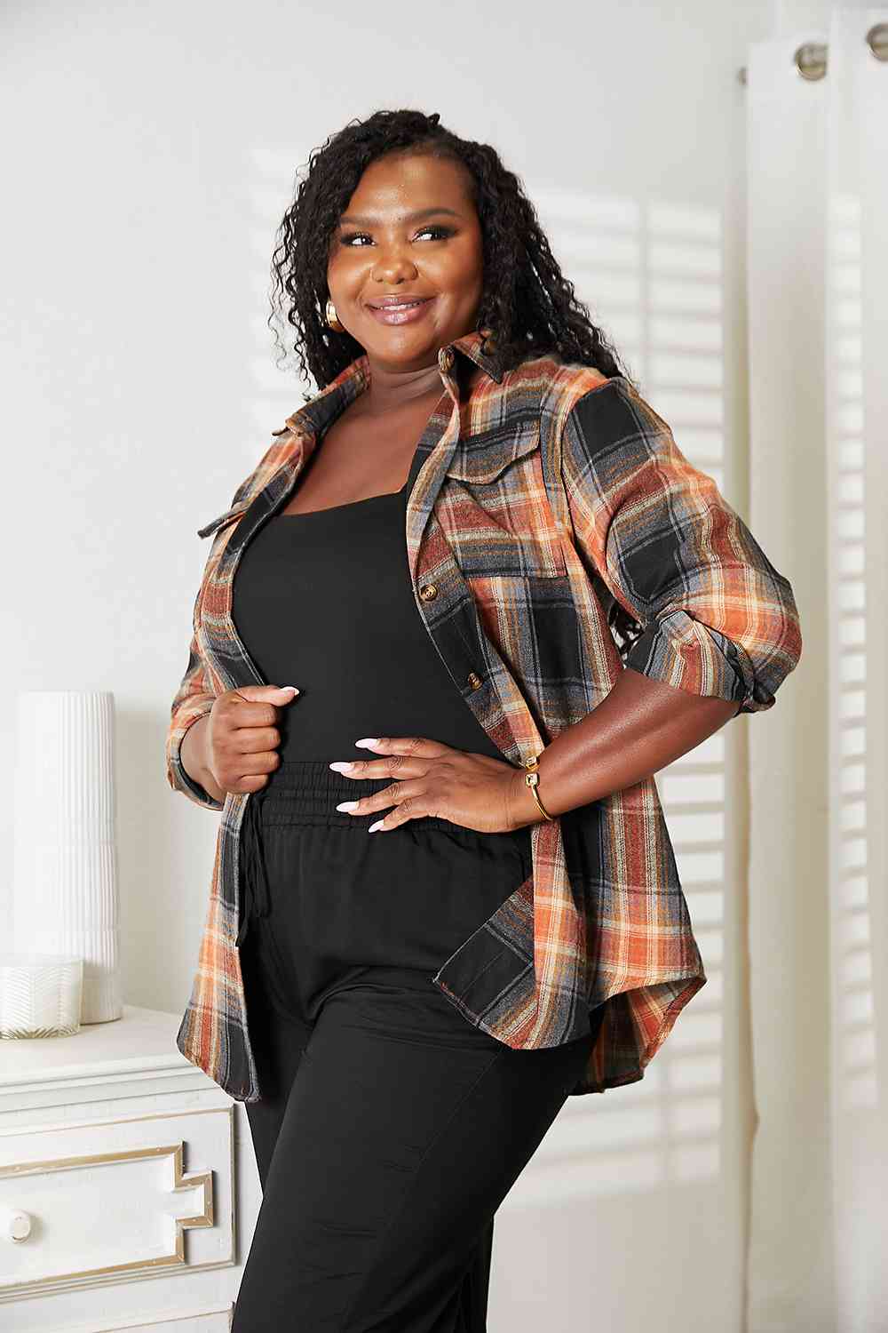 Double Take Plaid Dropped Shoulder Shirt - Dixie Hike & Style