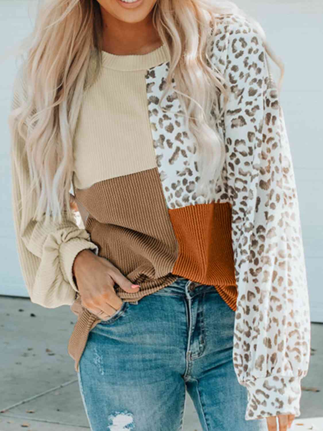 Color Block Leopard Round Neck Sweatshirt - Dixie Hike & Style