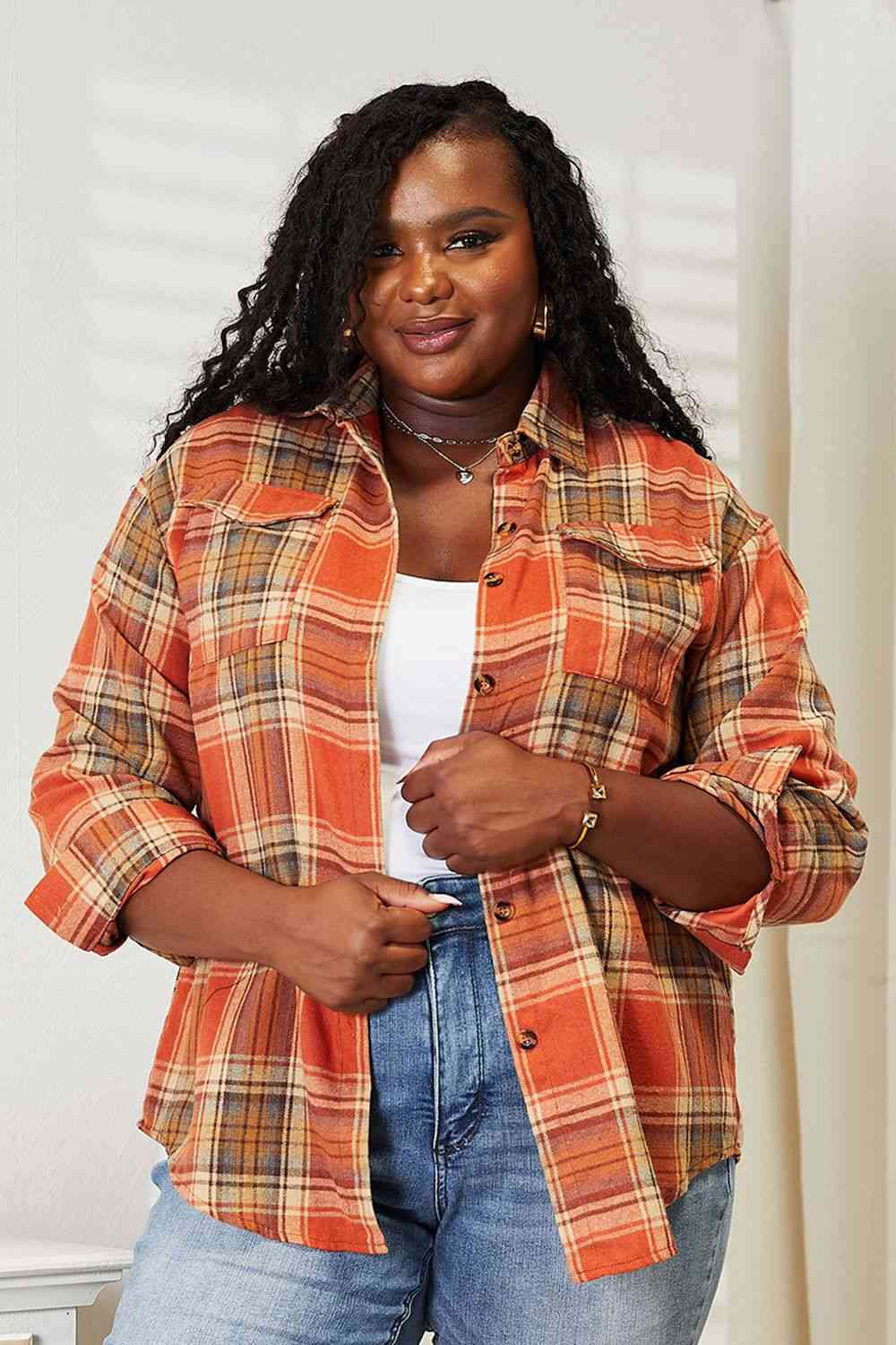 Double Take Plaid Dropped Shoulder Shirt - Dixie Hike & Style