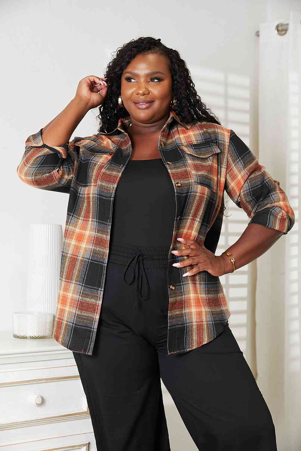 Double Take Plaid Dropped Shoulder Shirt - Dixie Hike & Style