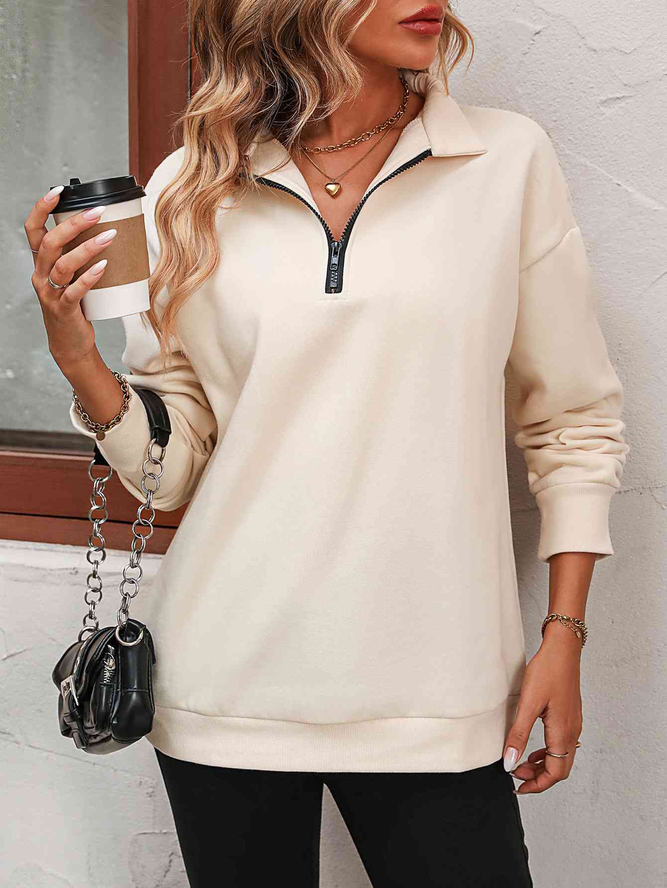 Zip-Up Dropped Shoulder Sweatshirt - Dixie Hike & Style