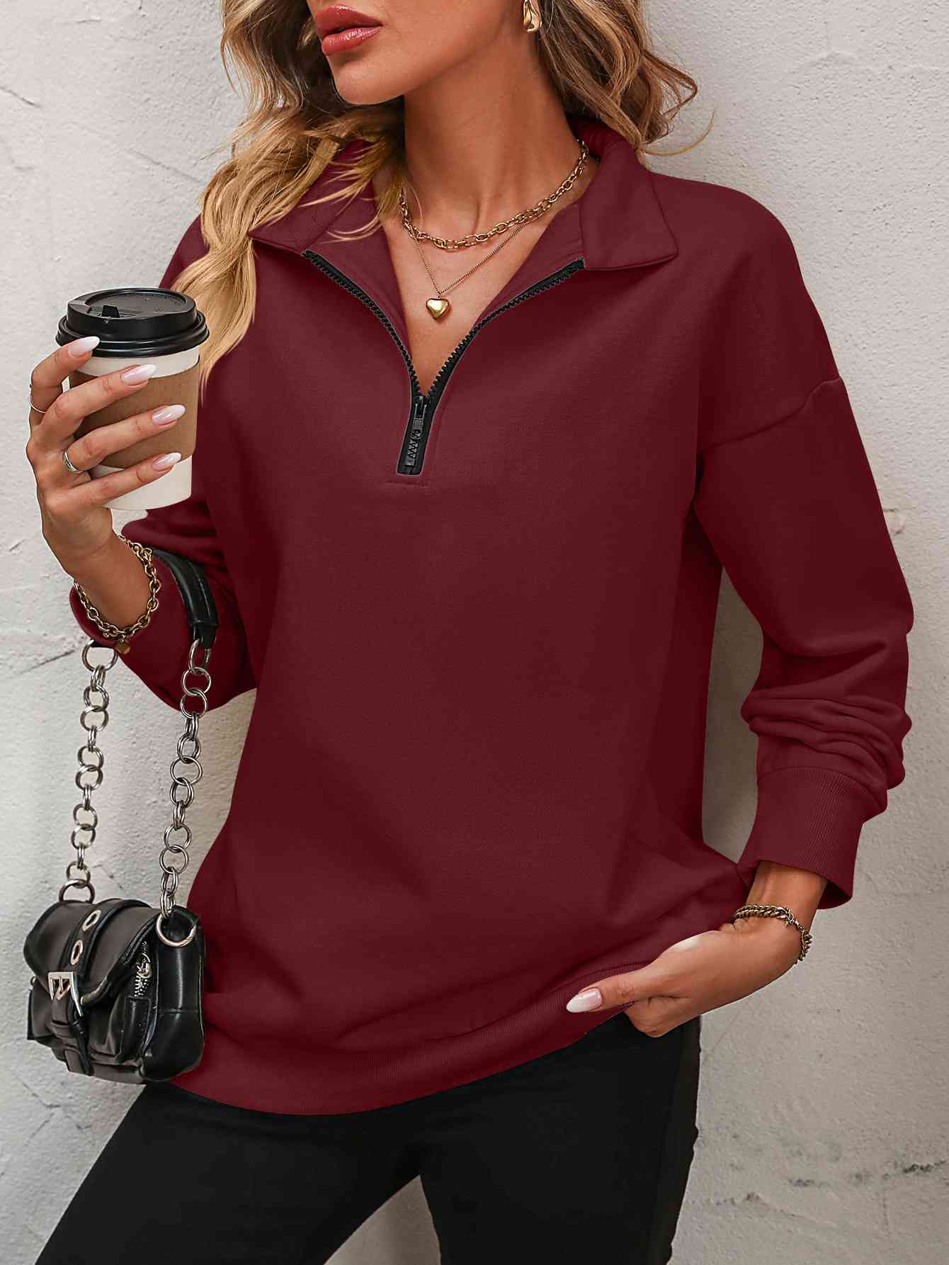 Zip-Up Dropped Shoulder Sweatshirt - Dixie Hike & Style
