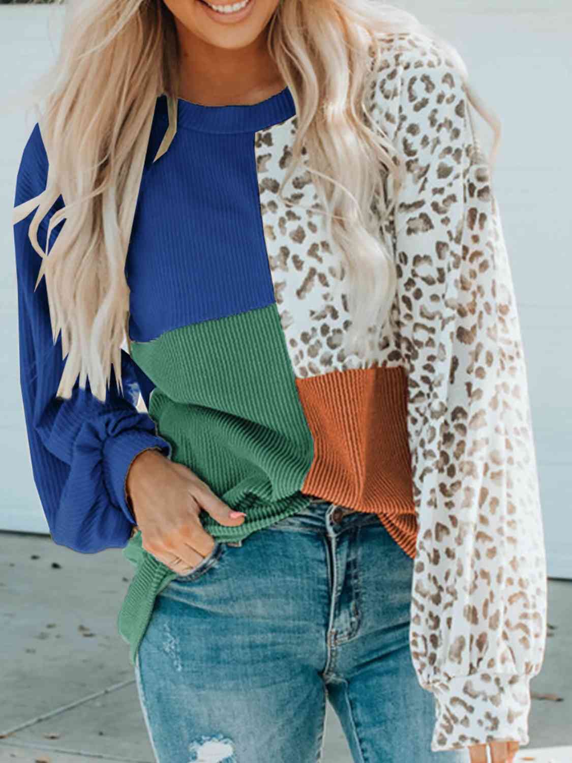 Color Block Leopard Round Neck Sweatshirt - Dixie Hike & Style