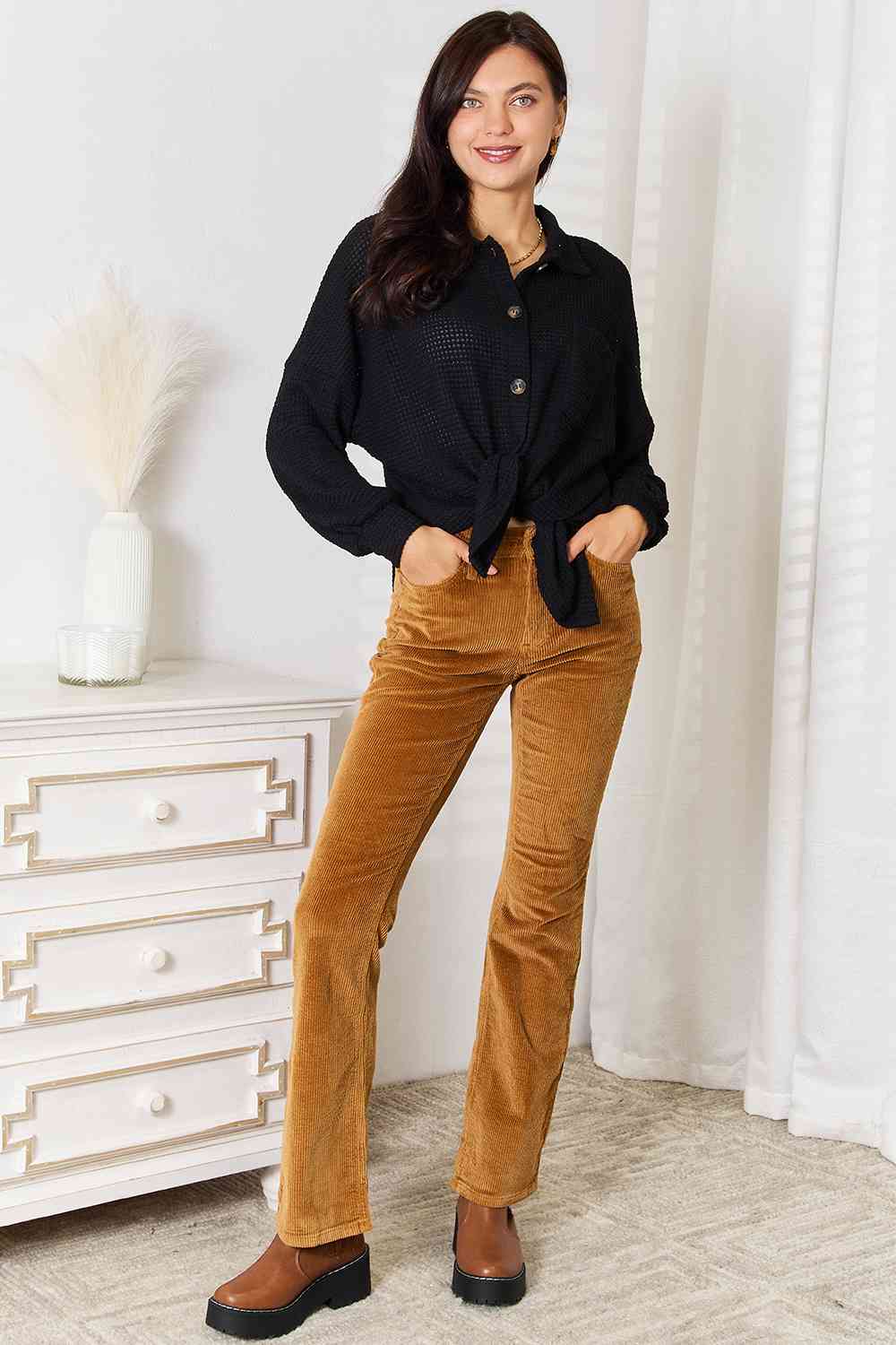 Double Take Waffle-Knit Collared Neck Dropped Shoulder Shirt - Dixie Hike & Style