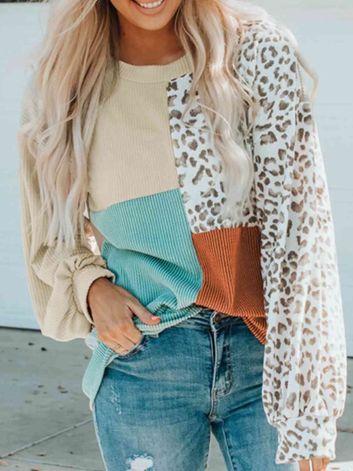Color Block Leopard Round Neck Sweatshirt - Dixie Hike & Style