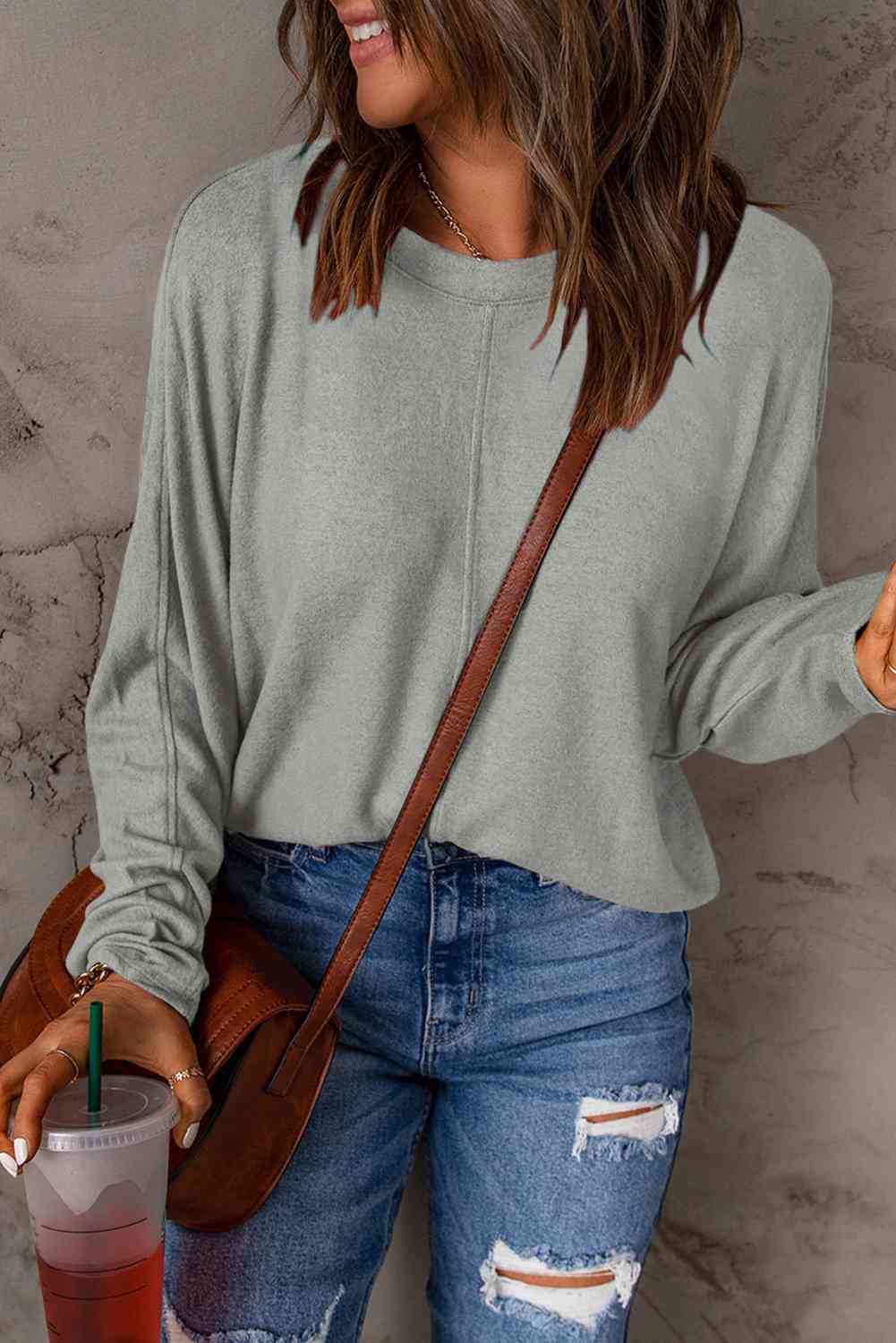Seam Detail Round Neck Long Sleeve Top - Dixie Hike & Style