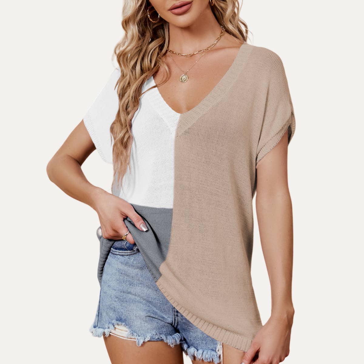 Leisure Time Color Block V-Neck Short Sleeve Knit Top