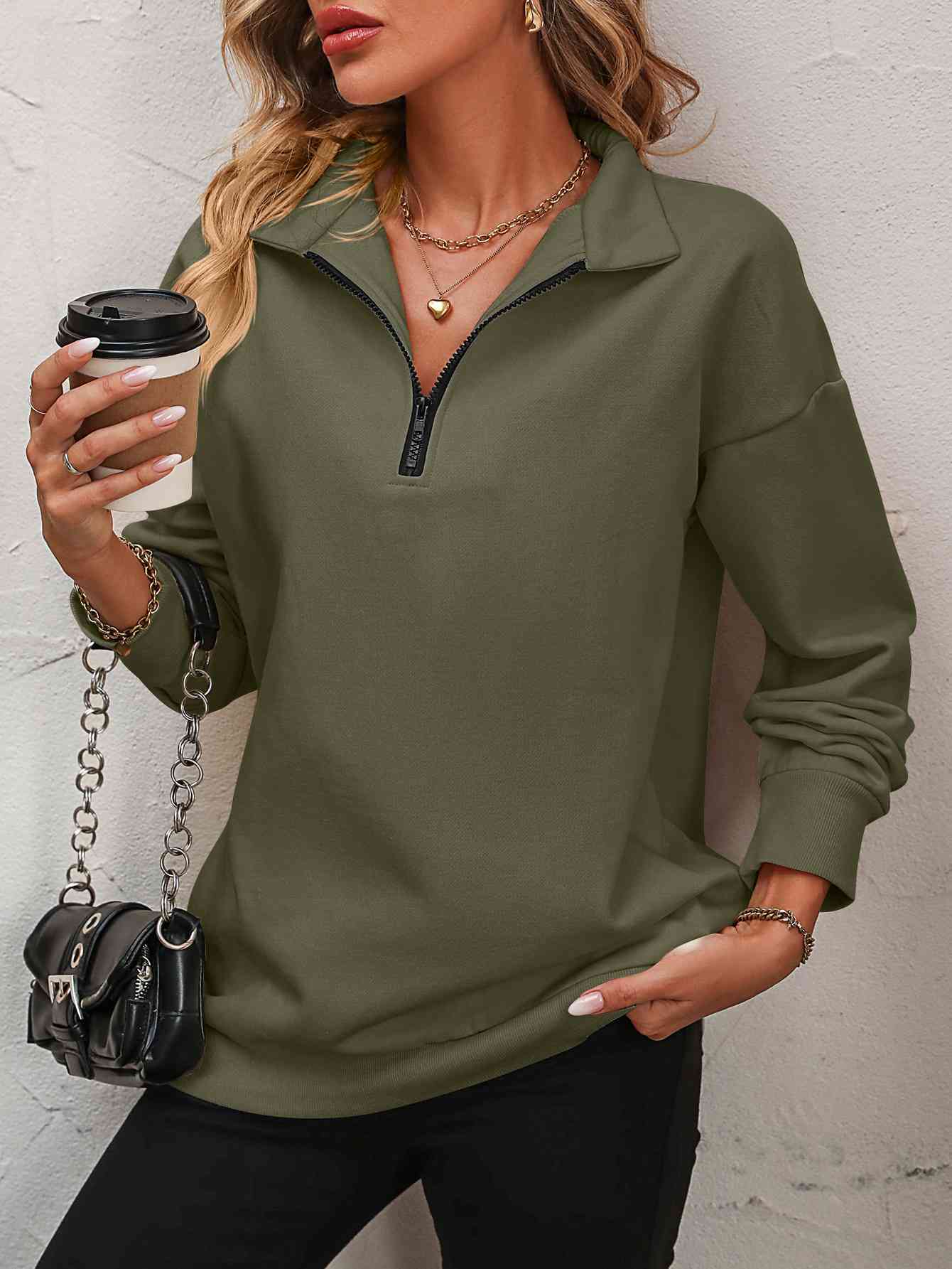 Zip-Up Dropped Shoulder Sweatshirt - Dixie Hike & Style