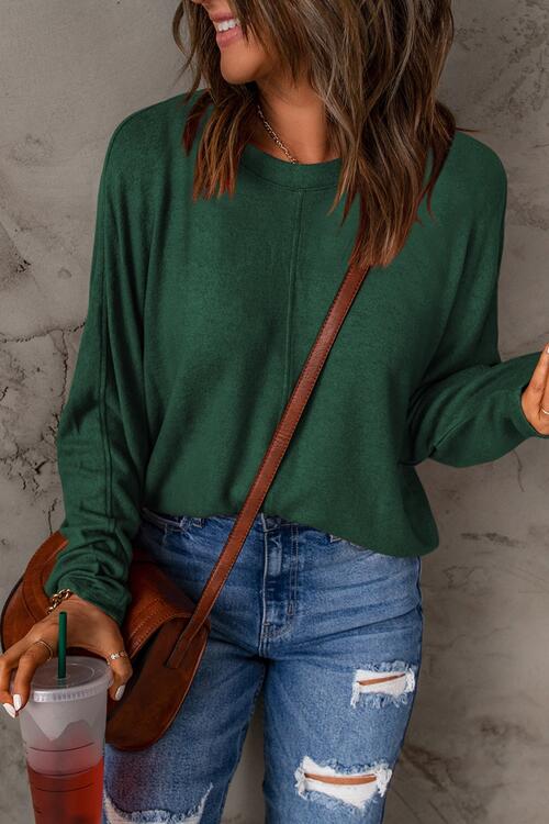 Seam Detail Round Neck Long Sleeve Top - Dixie Hike & Style