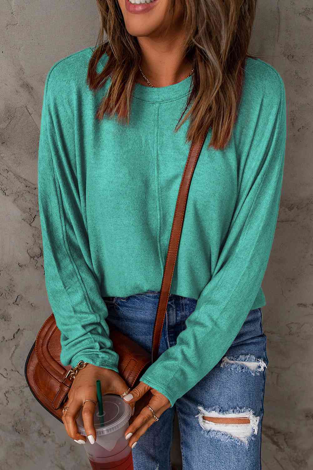 Seam Detail Round Neck Long Sleeve Top - Dixie Hike & Style
