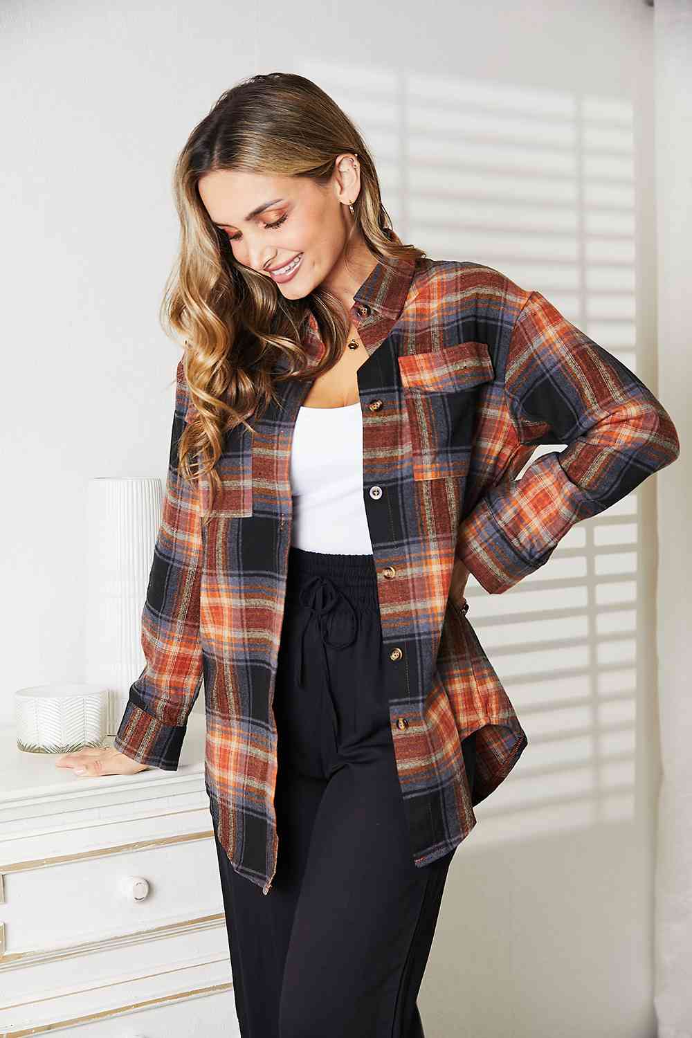 Double Take Plaid Dropped Shoulder Shirt - Dixie Hike & Style