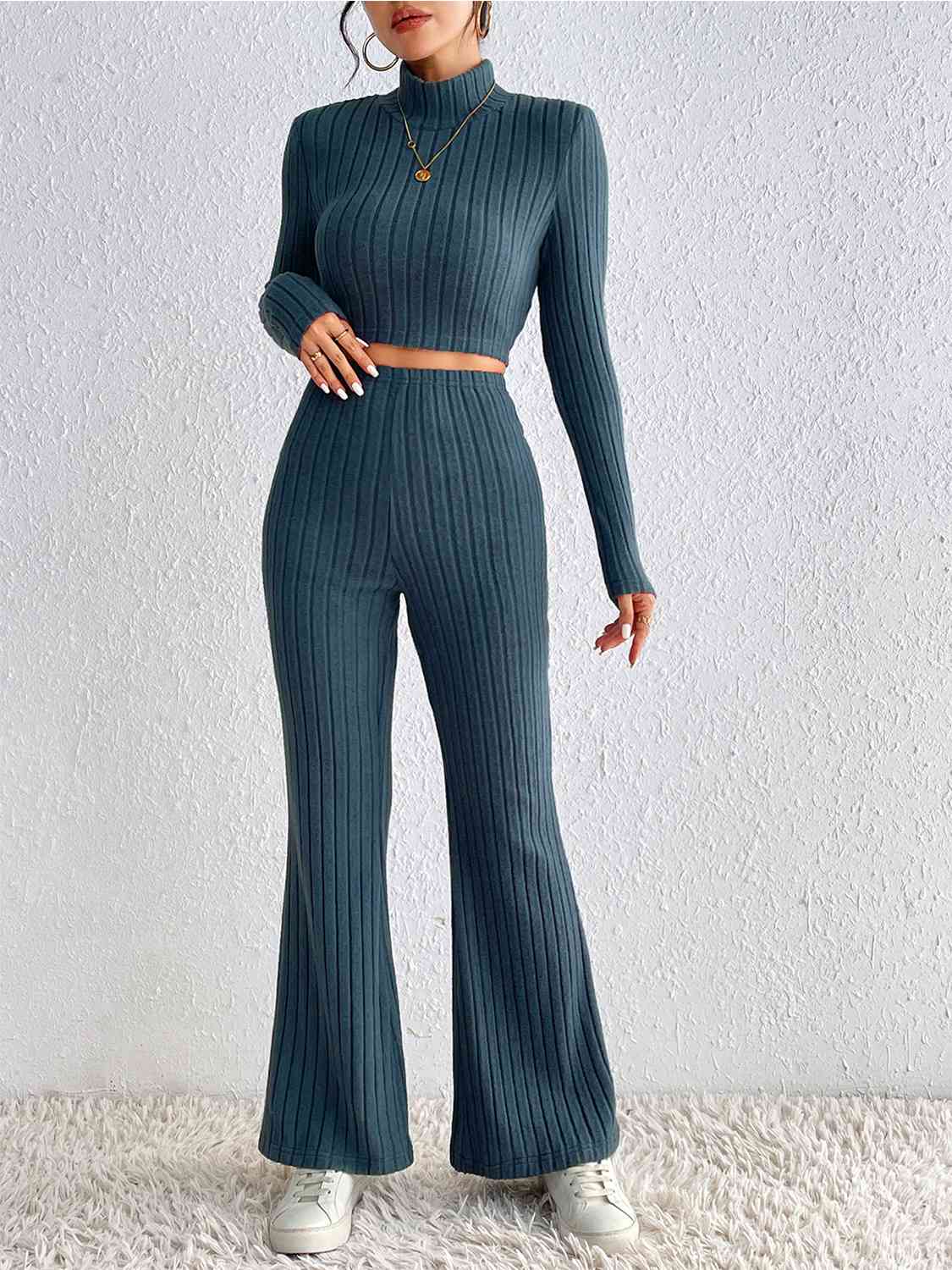 Ribbed Mock Neck Cropped Sweater & High Waist Pants Set - Dixie Hike & Style