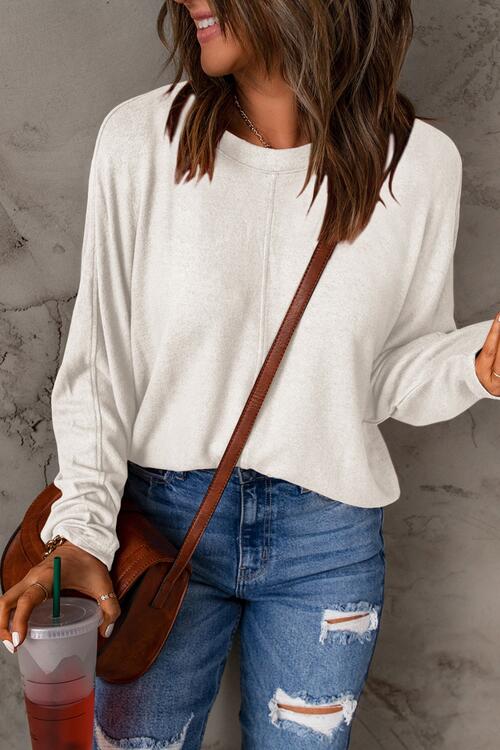 Seam Detail Round Neck Long Sleeve Top - Dixie Hike & Style
