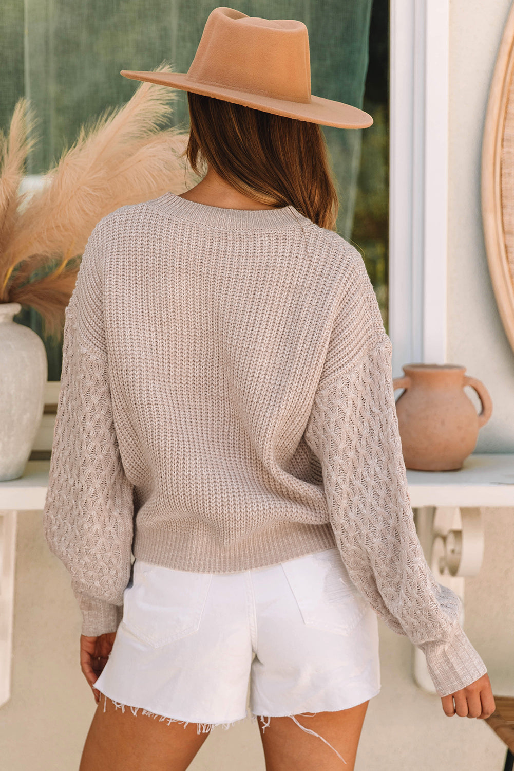 Parchment Cable Knit Sleeve Drop Shoulder Sweater - Dixie Hike & Style
