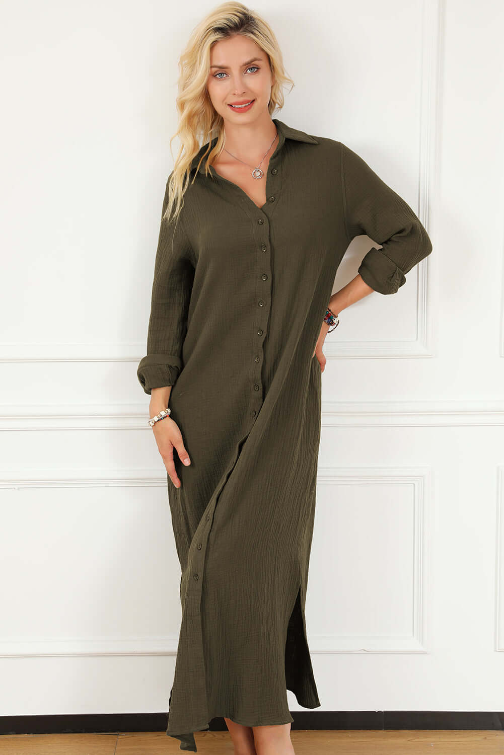 Green Crinkle Button Up Casual Split Shirt Maxi Dress - Dixie Hike & Style