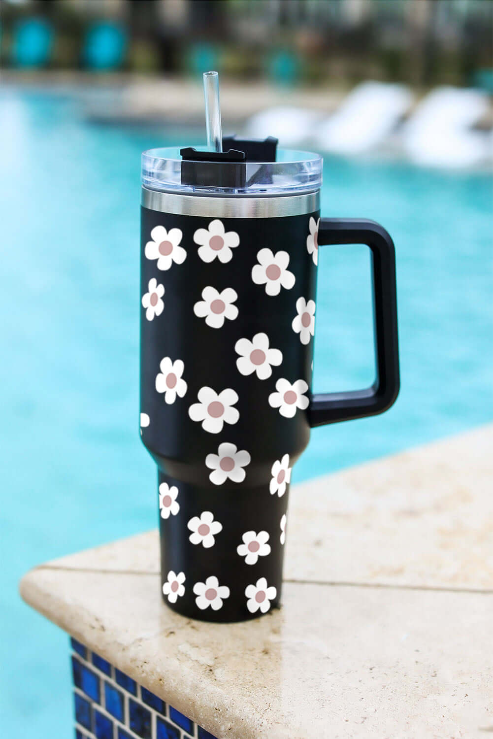 Black Floret Print Stainless Tumbler With Lid And Straw - Dixie Hike & Style