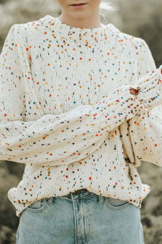 Beige Colorful Dots Cable Knit Crew Neck Sweater - Dixie Hike & Style