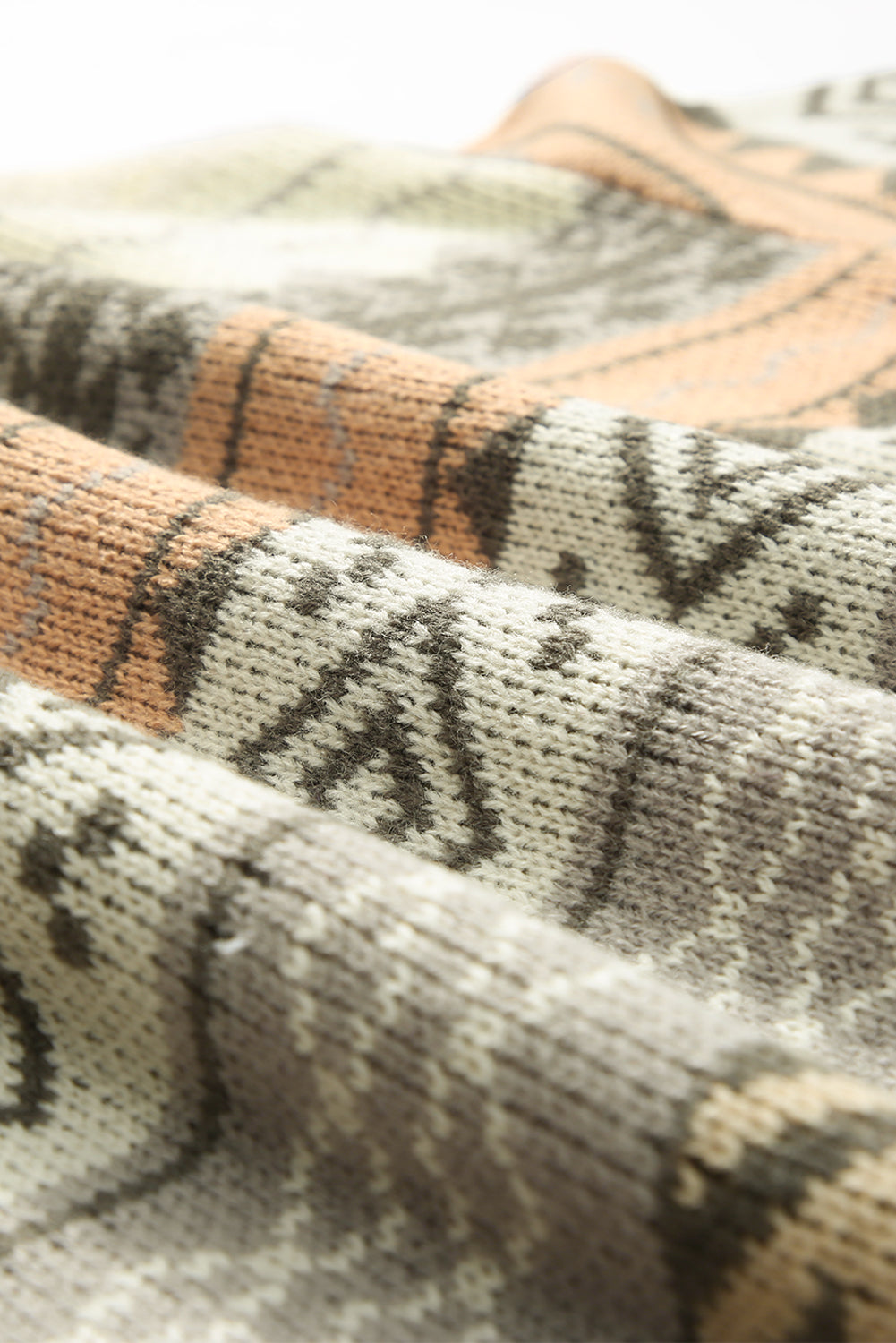 Khaki Geometric Print Ribbed Knitted V Neck Sweater - Dixie Hike & Style