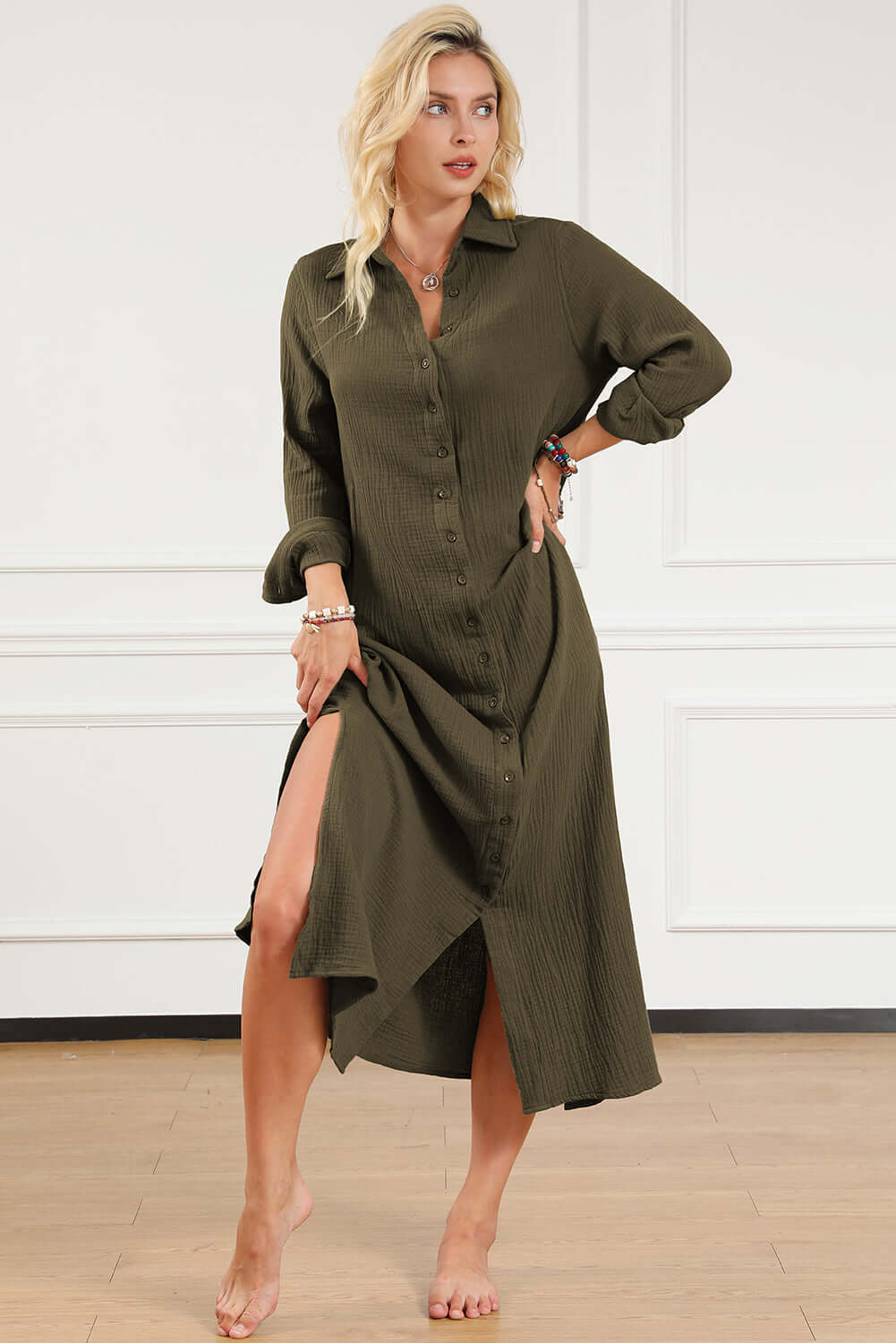 Green Crinkle Button Up Casual Split Shirt Maxi Dress - Dixie Hike & Style