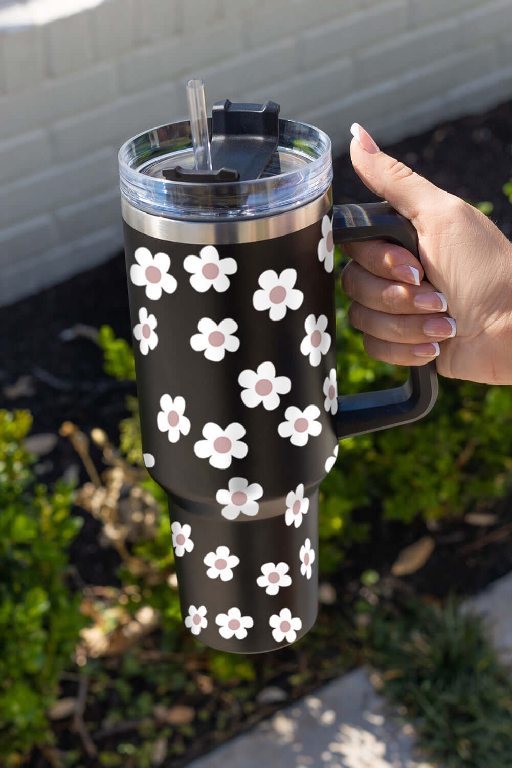 Black Floret Print Stainless Tumbler With Lid And Straw - Dixie Hike & Style