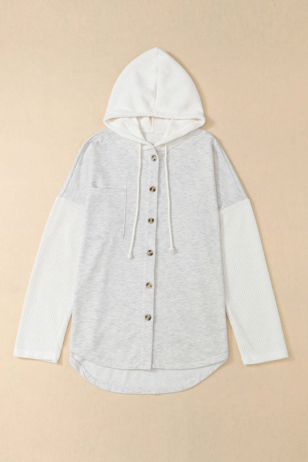 Gray Button Up Contrast Knitted Sleeves Hooded Jacket - Dixie Hike & Style