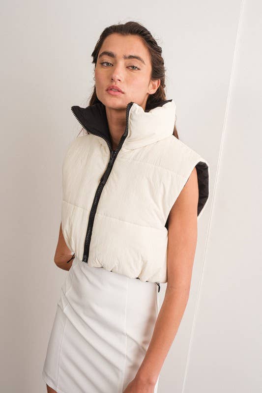 Papermoon Zariah Reversible Crop Puffer Vest - Black & Cream