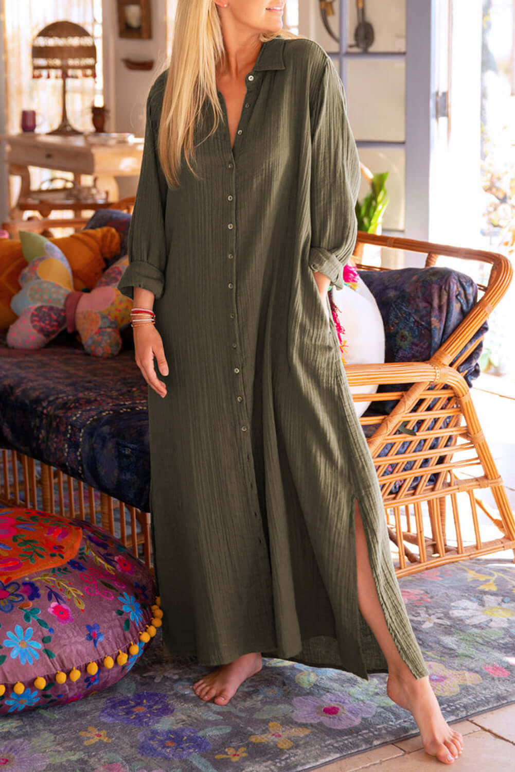 Green Crinkle Button Up Casual Split Shirt Maxi Dress - Dixie Hike & Style