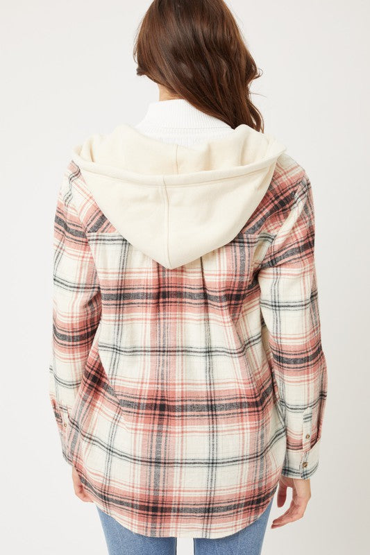Plaid Flannel Button Up Shacket with Hood - Dixie Hike & Style