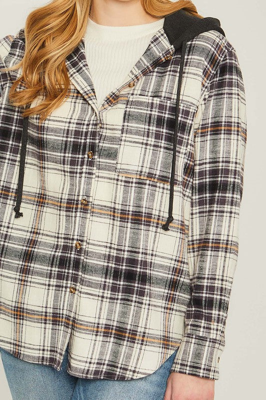 Plaid Flannel Button Up Shacket with Hood - Dixie Hike & Style