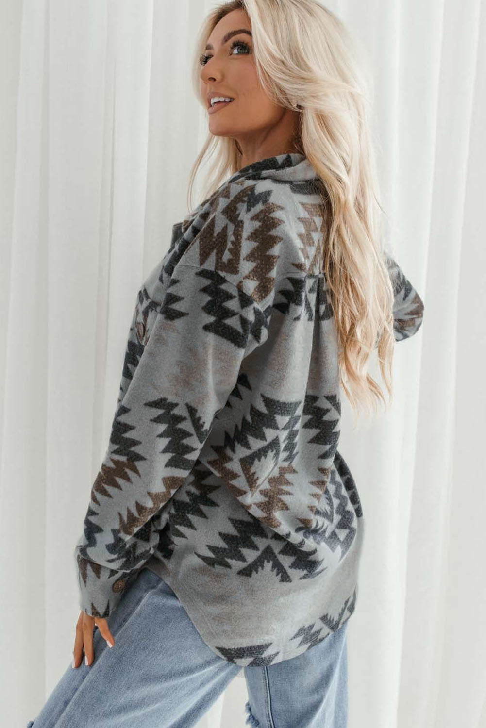 Gray Western Aztec Print Drop Shoulder Casual Shacket - Dixie Hike & Style