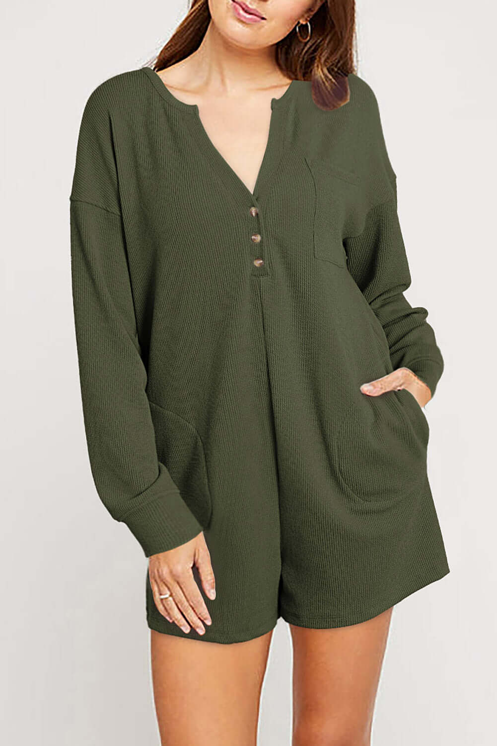 Dark Green Brushed Ribbed Button Split V Neck Long Sleeve Romper - Dixie Hike & Style