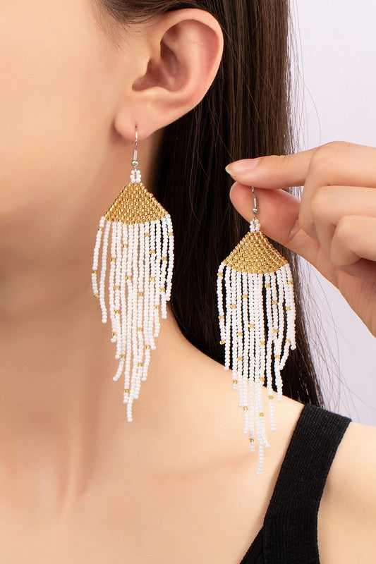 Boho long Handwoven seed bead eagle earrings