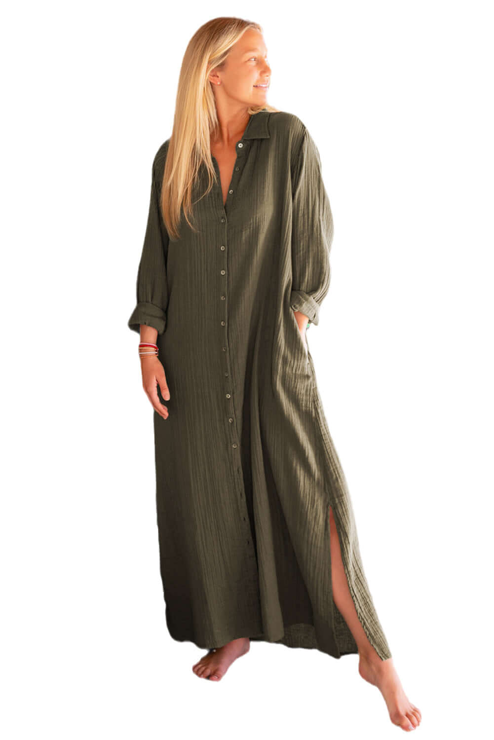 Green Crinkle Button Up Casual Split Shirt Maxi Dress - Dixie Hike & Style