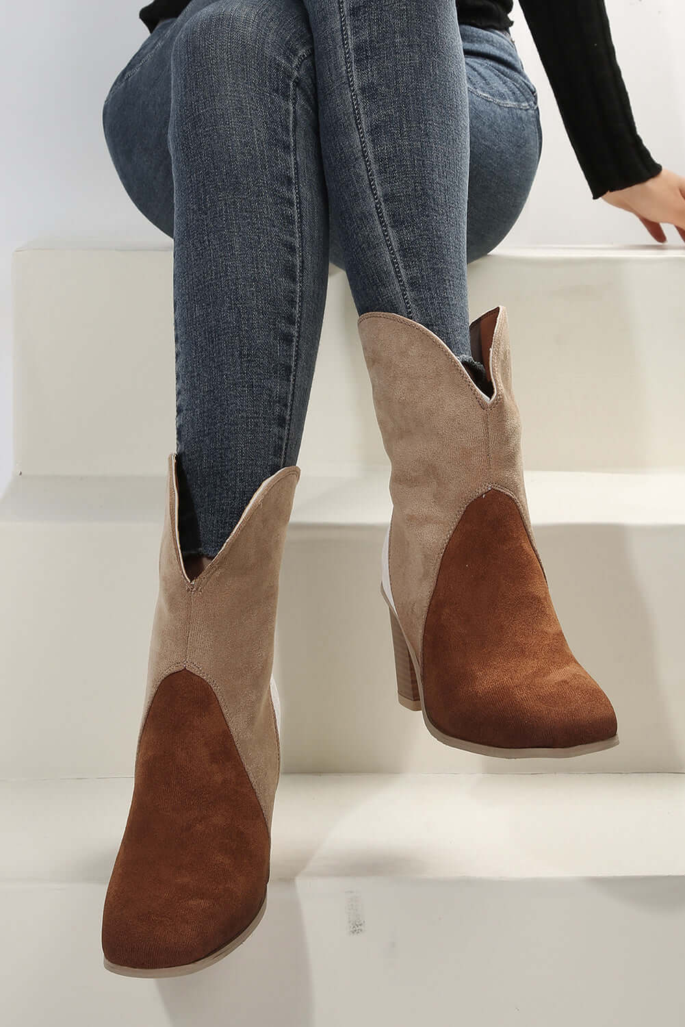 Chestnut Colorblock Suede Heeled Ankle Booties - Dixie Hike & Style