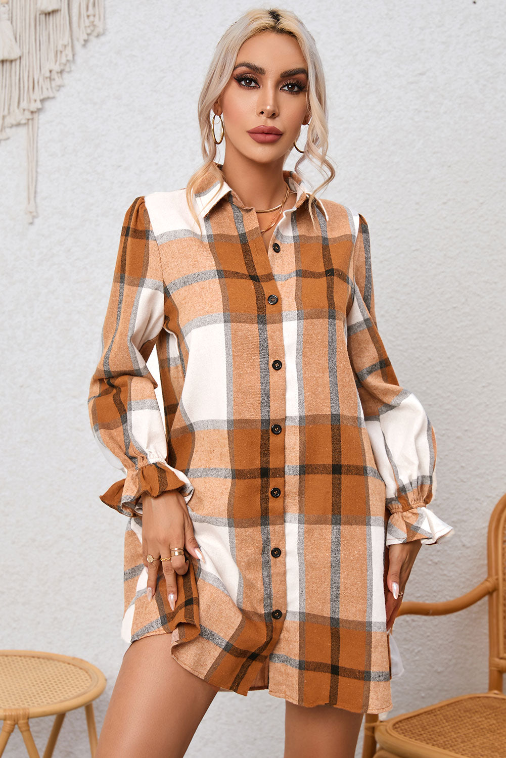 Khaki Plaid Pattern Collared Neck Ruffled Sleeve Shirt Dress - Dixie Hike & Style