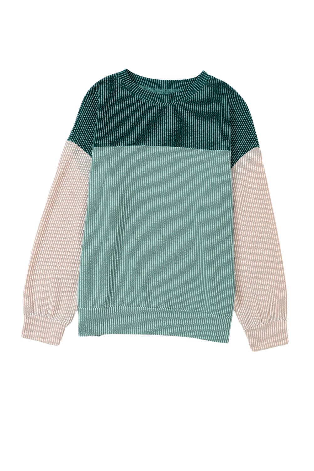 Green Color Block Long Sleeve Ribbed Loose Top - Dixie Hike & Style