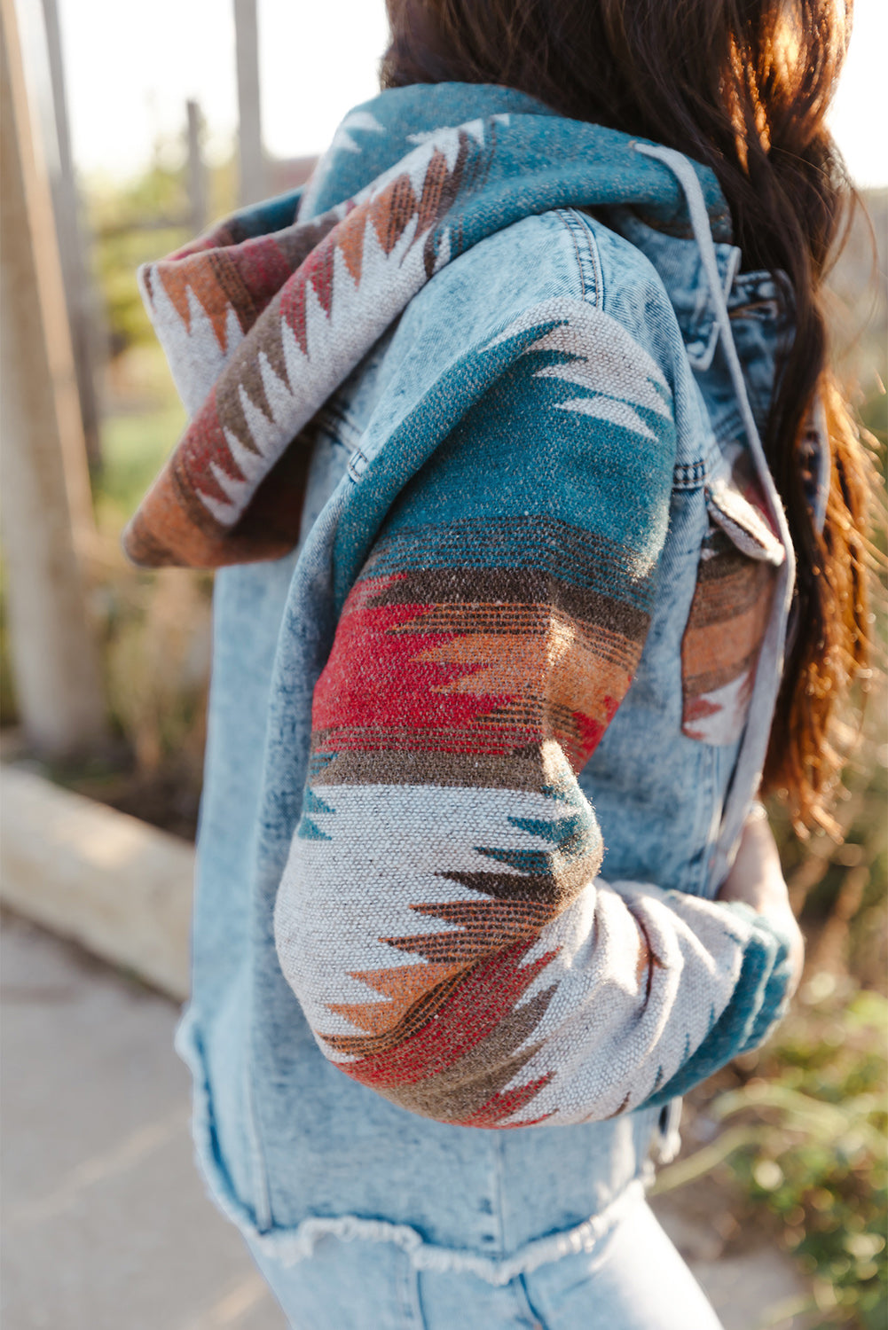 Multicolor Aztec Print Frayed Hem Denim Jacket - Dixie Hike & Style