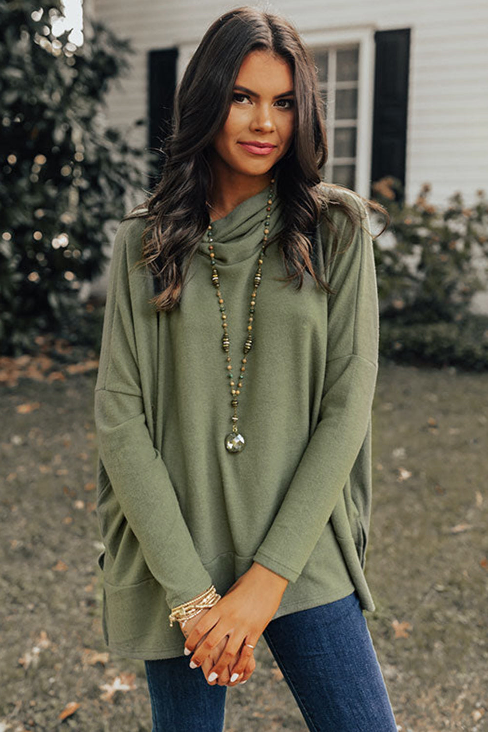 Jungle Green Cowl Neck Shift Tunic Top - Dixie Hike & Style