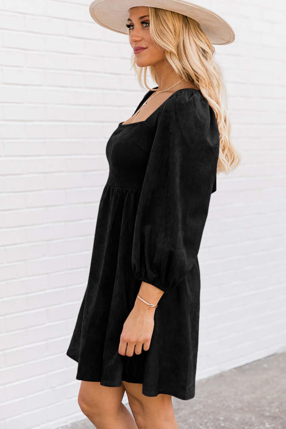 Black Suede Square Neck Puff Sleeve Dress - Dixie Hike & Style