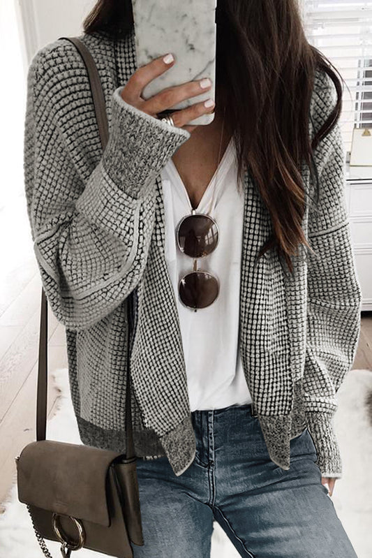 Grey Plaid Contrast Trim Open Front Cardigan - Dixie Hike & Style