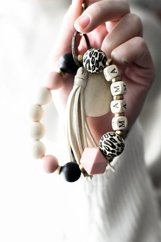 Multicolor Multiple Beads MAMA Leopard Tassel Bracelet Keyring - Dixie Hike & Style