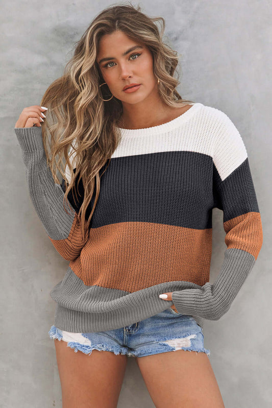 Chestnut Color Block Knitted O-neck Pullover Sweater - Dixie Hike & Style