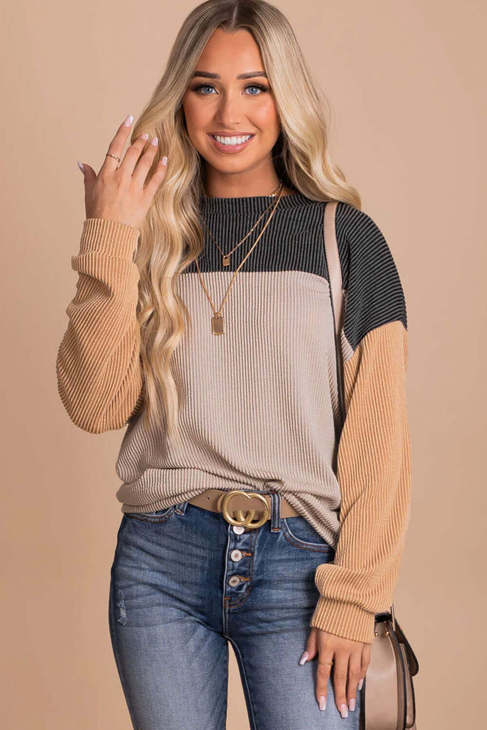 Black Color Block Long Sleeve Ribbed Loose Top - Dixie Hike & Style